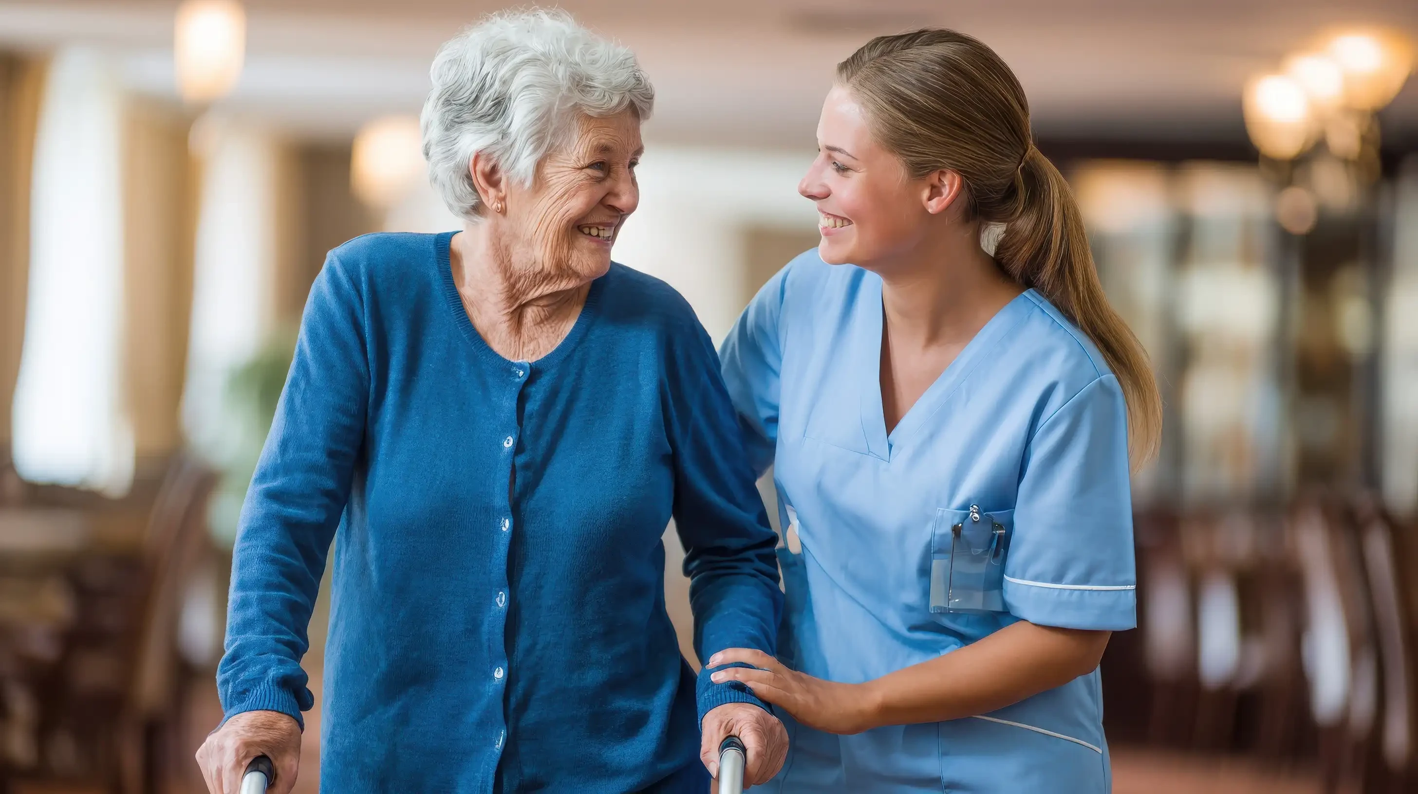 Warm, inviting senior living community lounge